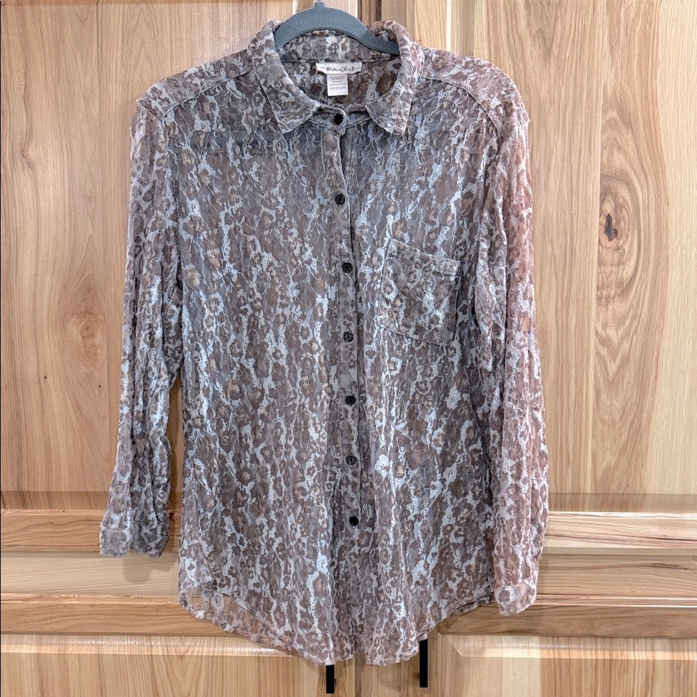 Belle Du Jour Lace Sheer Detailed Boho Y2K Fairy Blouse in Brown Cream Gray